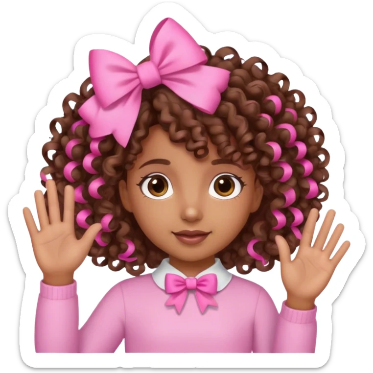 brown girl with brown curly hair and pink bows in her hair waving and wearing pink sticker