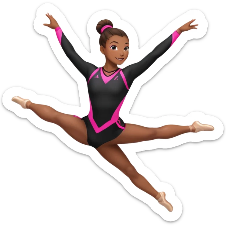 Happy female gymnast with brown hair in a neat bun, wearing a black uniform with neon pink elements, performing an acrobatic move. A female gymnast with brown hair in a neat bun, wearing a black uniform with pink elements, performing an acrobatic move. sticker
