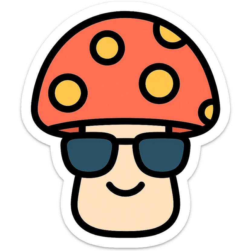 colorful icon of a mushroom with sunglasses and a smile sticker