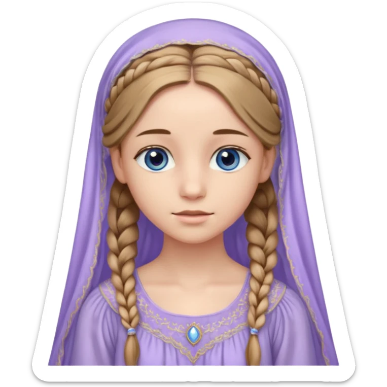 Joven de unos 20 años, de aspecto dulce y elegante.
Piel clara, ojos (pueden ser azules o verdes)
Rubio o castaño claro, largo, con trenzas o velo.
Vestido largo de tonos suaves (blanco, azul o lavanda), con bordados dorados; un manto o toca fina cubriendo la cabeza. se vea todo el cuerpo sticker