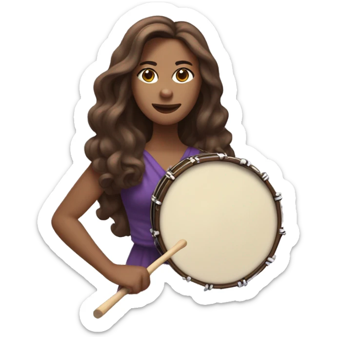 White woman standing with long flowing purple dress and long wavy brown hair holding a small handheld frame drum and a drum stick sticker
