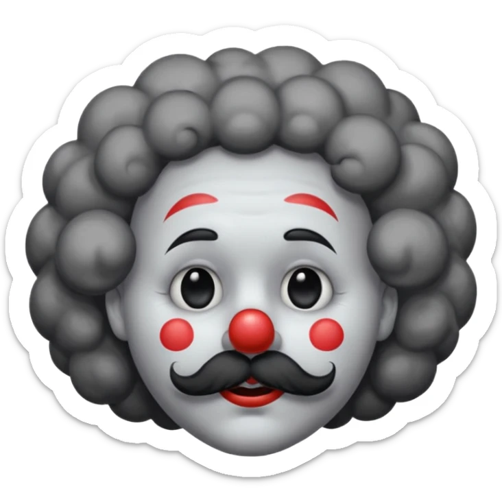 a melancholic clown character with a round gray face, half-closed sleepy eyes with long lashes, a big black round nose, and thick black mustache. Dark fluffy cloud-like hair on the sides of the head.  sticker