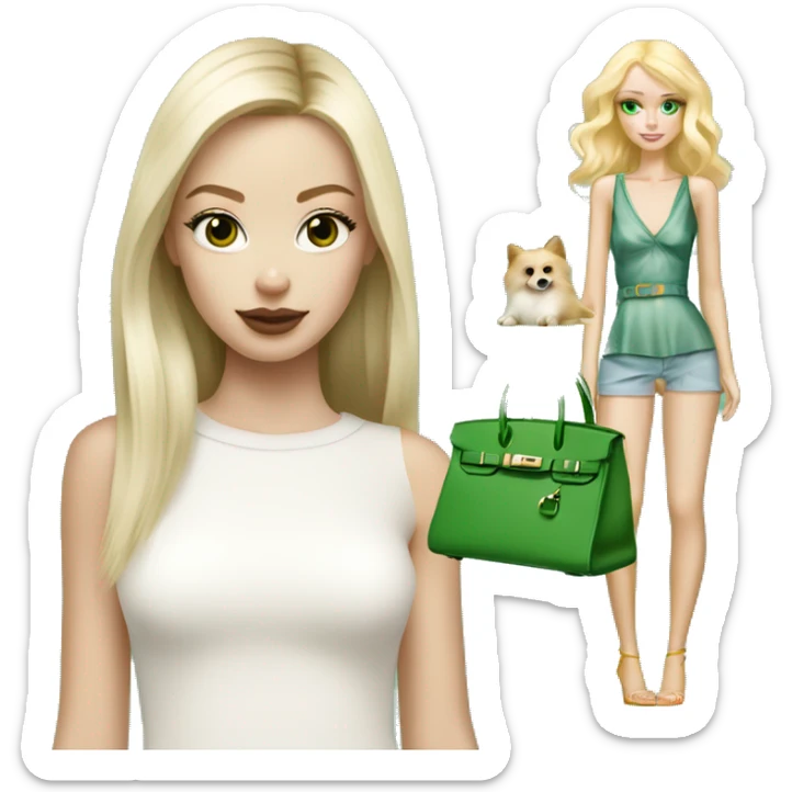 Blonde skinny girl with green eyes and pale skin with white pomeranian and Hermes birkin bag sticker