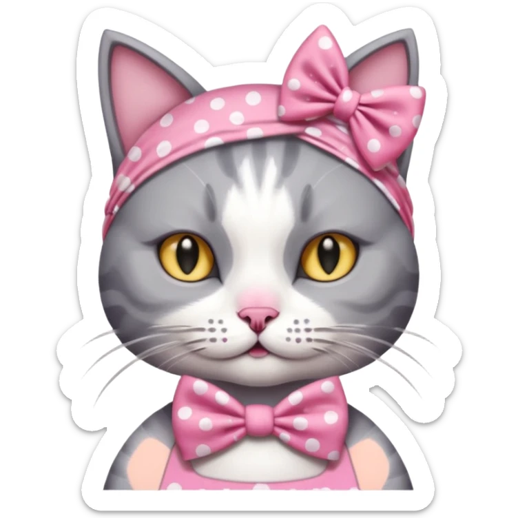 Evil Gray and white evil cat with a pink polka dot dress and with a pink polka dot bow on the Head cute sticker