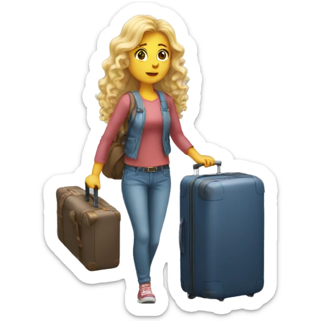 Blonde girl with curly long hair carrying luggage with a confused look sticker