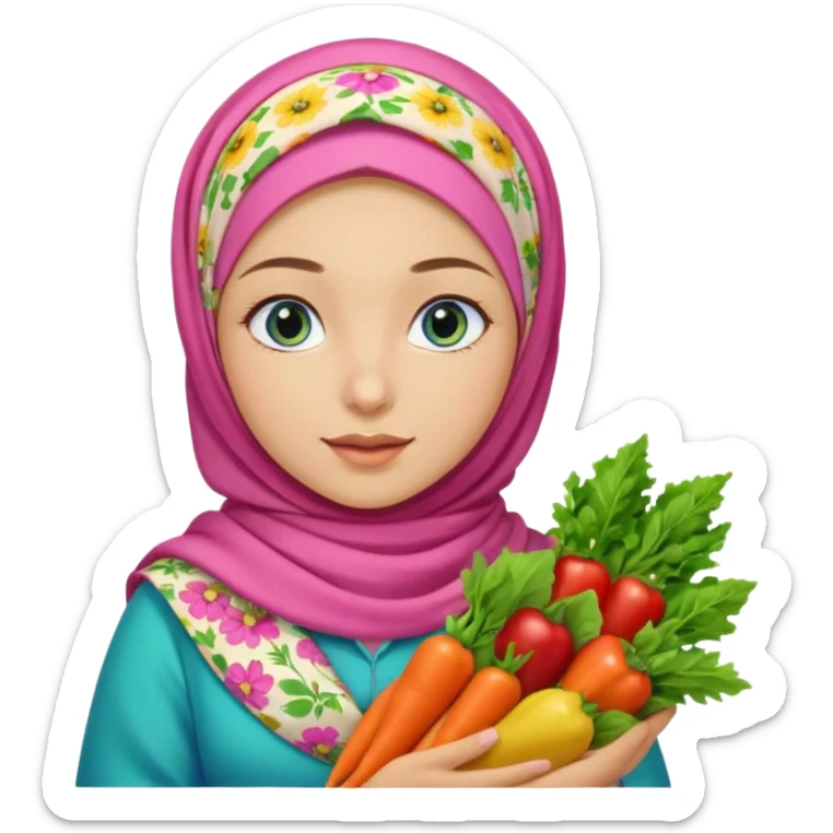 Turkish beautiful finish Konya girl blue eyes with floral pink and yellow hijab and green red dress and she had on her hand vegetables  sticker