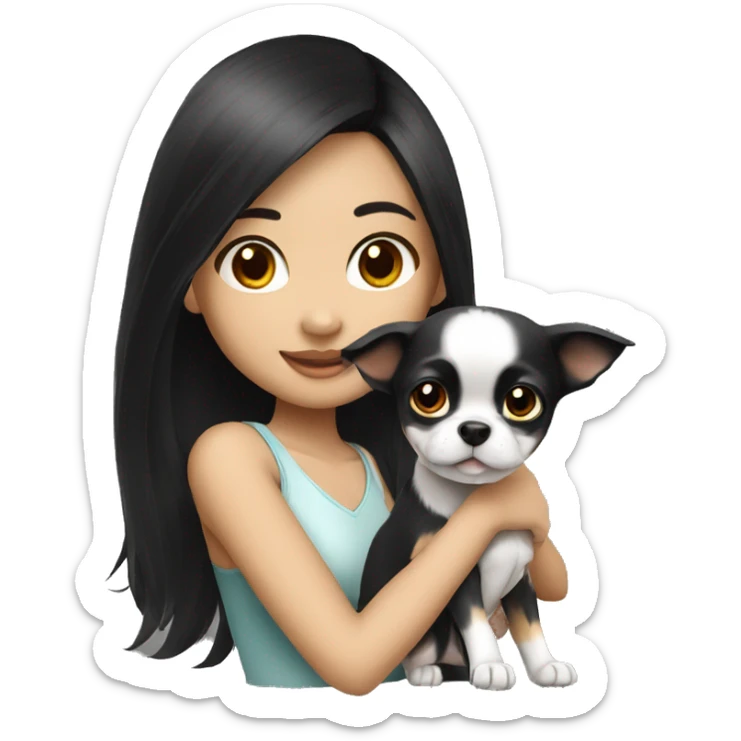 long black hair Thai girl with Chihuahua black and white. sticker