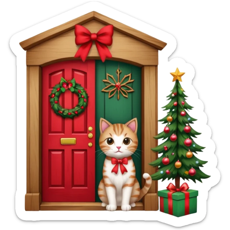 A door with a cat in front of it with h christmas elements on the door sticker