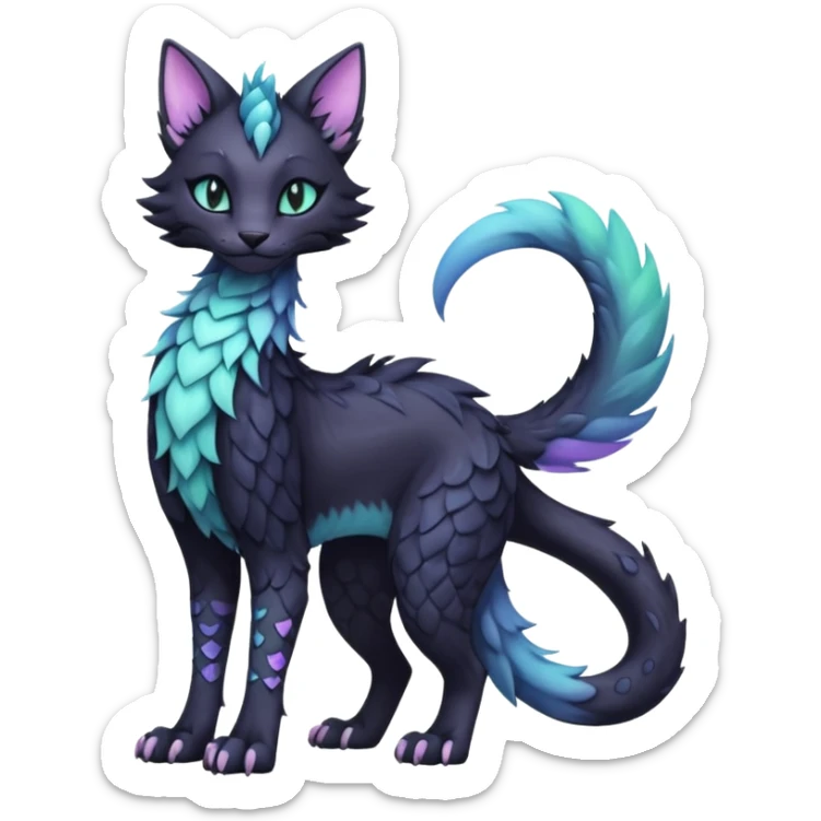 Kawaii black pastel iridescent beautiful pretty elegant divine edgy fantasy feline-vernid-sergal-fursona animal creature with a tufted tail full body with intricate markings  sticker