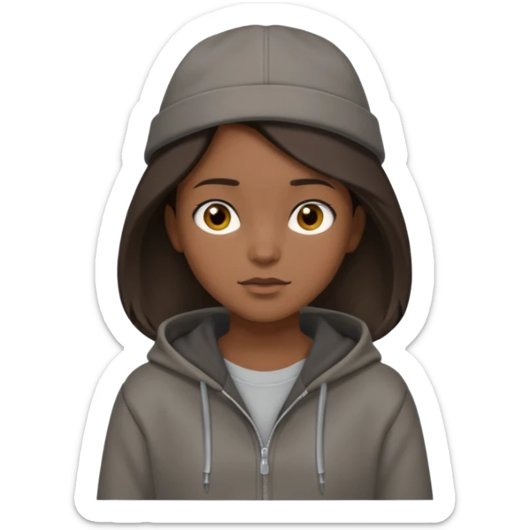 Hobo tomboy with shoulder-length center-parted dark brown hair. brown eyes, dark dull brown hoodie, grey shirt. Flat crown bolero hat sticker