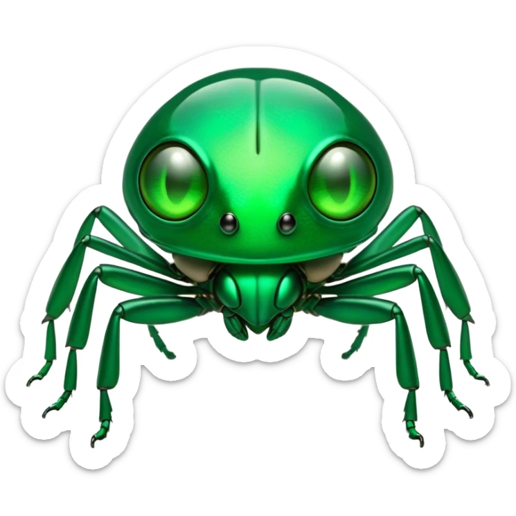 Cinematic Noble Green Bugdie Portrait Emoji, Poised and regal, with a tiny, delicate build and a vibrant, well-detailed emerald exoskeleton, deep-set soulful multifaceted eyes, Simplified yet sharp and sophisticated features, highly detailed, glowing with a soft, dignified glow, high shine, intelligent and alert, stylized with an air of miniature majesty, focused and attentive, soft glowing outline, capturing the essence of a watchful and confident insect, so majestic it feels as though it could scuttle out of the screen with effortless authority! sticker