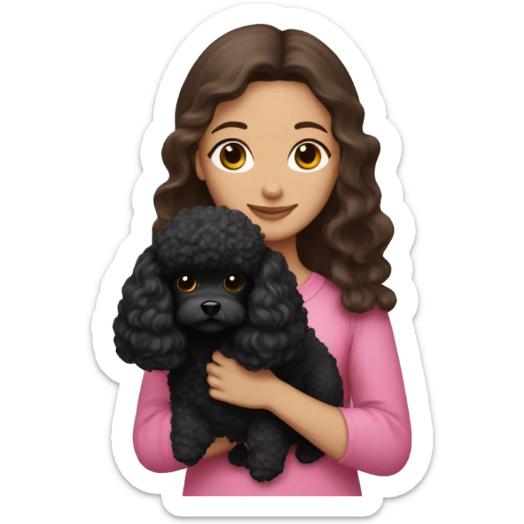 Brunette long hair girl , in pink top holding a black toy poodle sticker