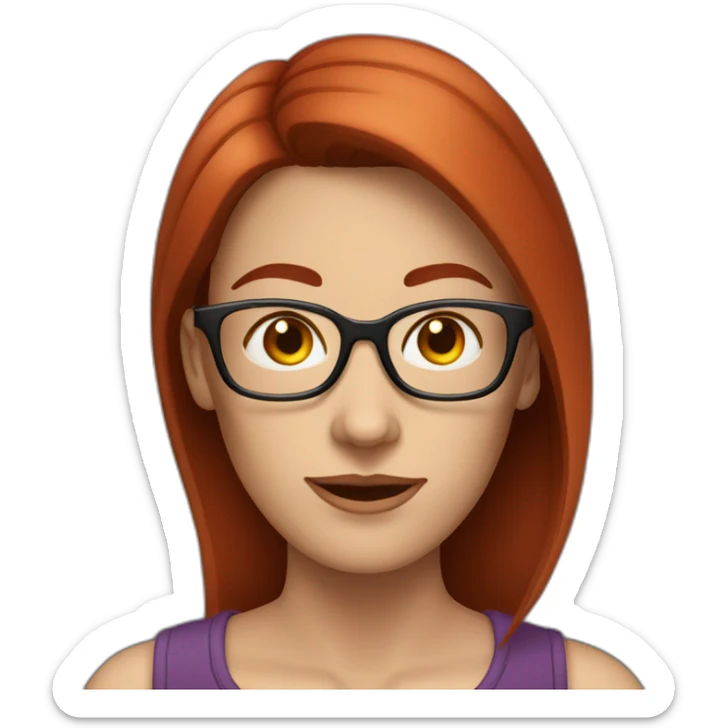 white woman with darker red hair at shoulder level with glasses and big nose. elongated face sticker