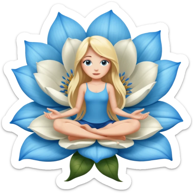 full body woman long blonde hair blue eyes white skin sitting inside giant flower bloom sticker