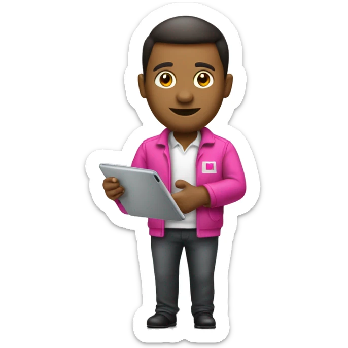 full body picture of tmobile company employee, watching a tablet sticker