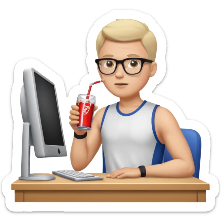 Hombre blanco con gafas tomando un refresco frente a un ordenador con ropa de deorte sticker