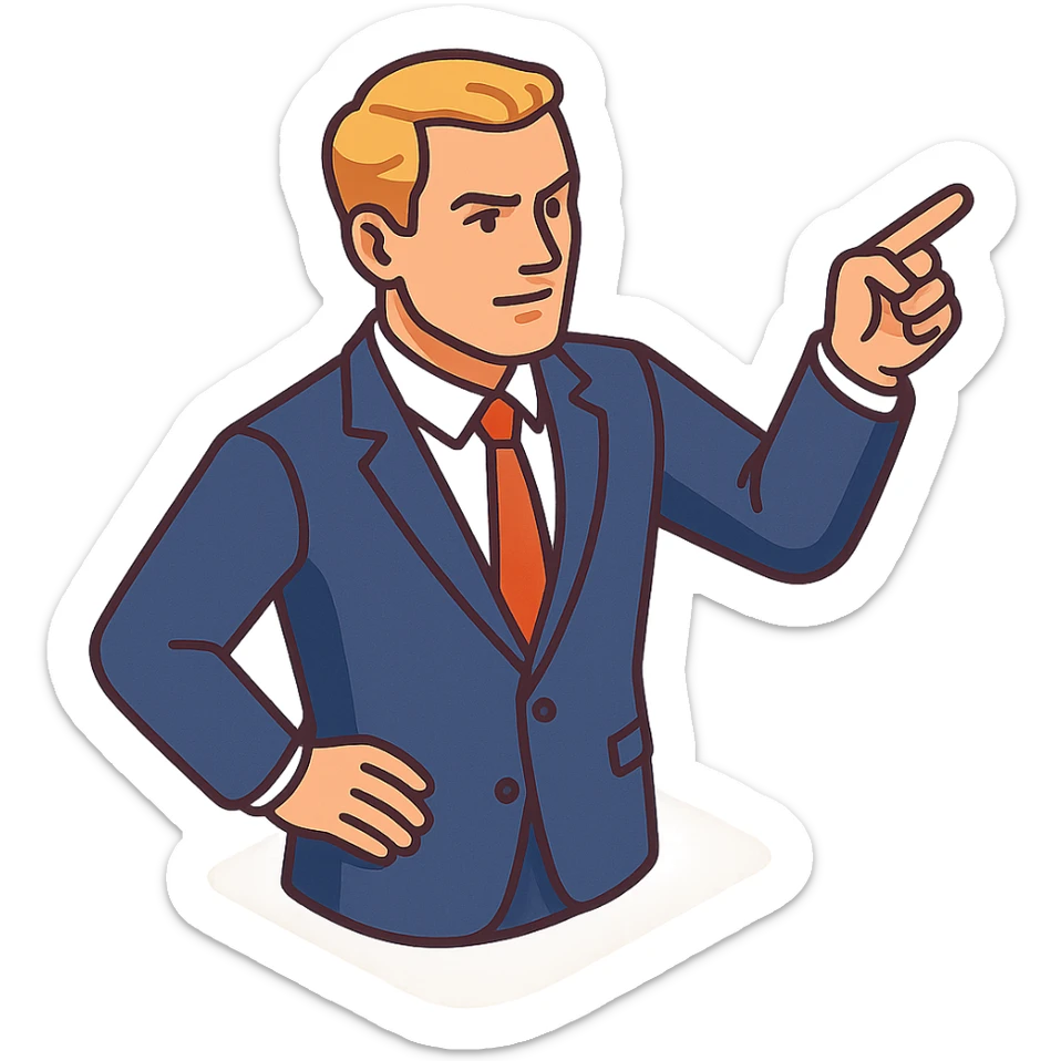 Confident male leader, Caucasian, short neat blonde hair, sharp eyes, indigo jacket, one arm raised gicing direction, waist-up, front-facing sticker