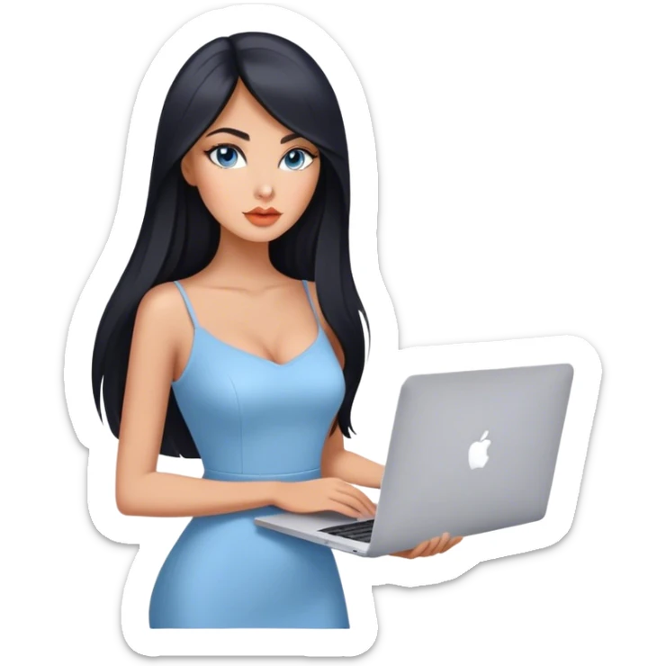 Glamours tanned very beautiful girl with pump peach nude lips and black straight smooth long hair, blue-grey eyes in beautiful clothing with MacBook sticker