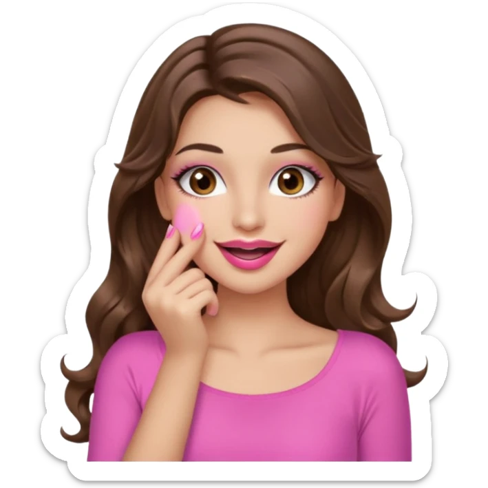 girl with long wavy brown hair, brown eyes, long lashes makeup, sexy pink lips, light to medium complexion, pink sexy top, smiling, hand covering mouth sticker