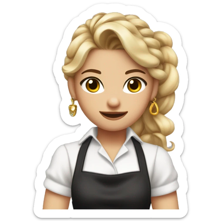 Waitress with white shirt and black apron, curly dirty-blonde hair in a long pony tail, hazel eyes, LOTS of bohemian jewelry and bracelets  sticker