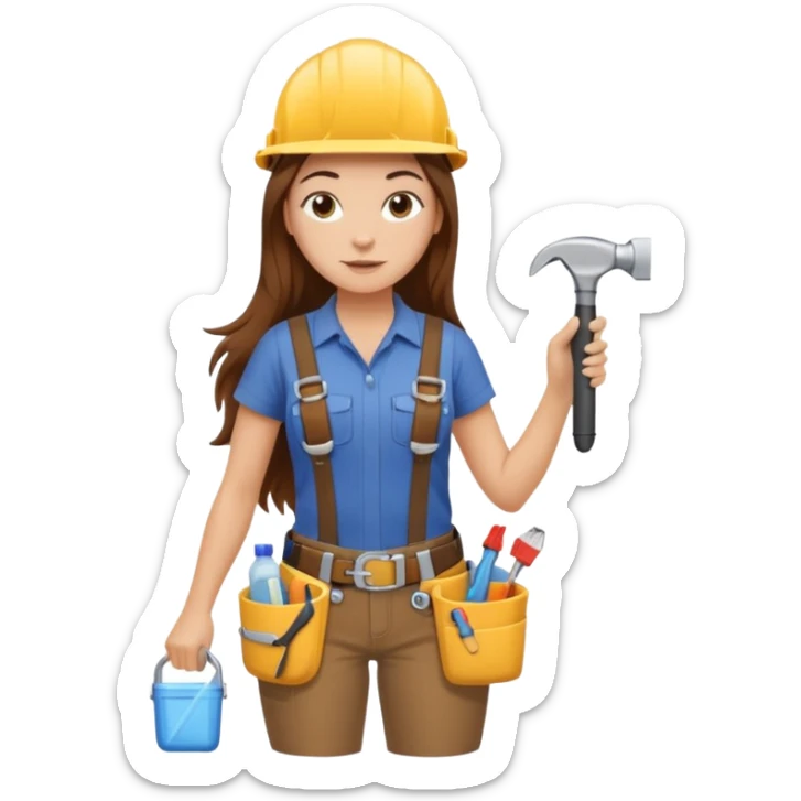 beautiful girl with long brown hair constructing new bathroom area with new shower and amenities  sticker