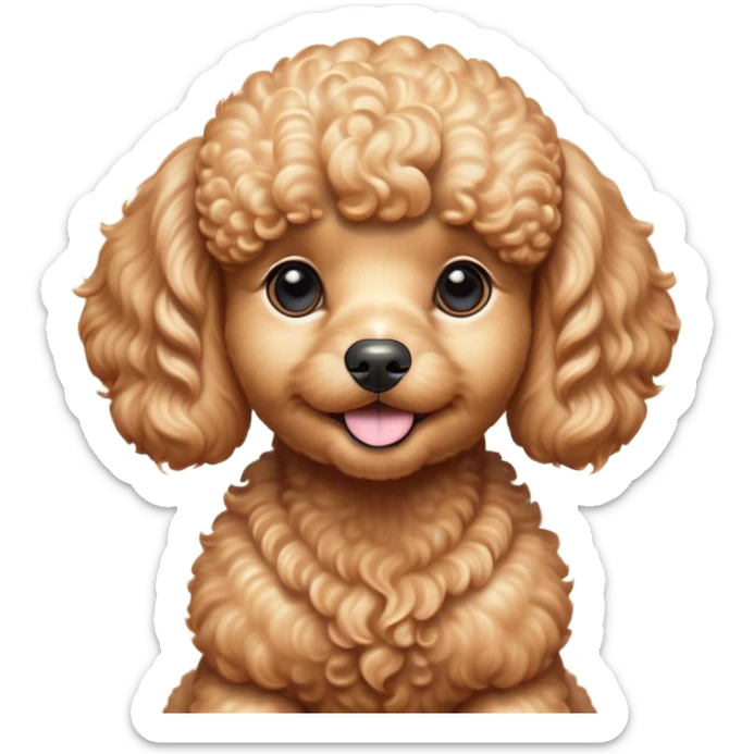 Cinematic Cute Apricot Poodle Portrait Emoji, Head tilted playfully and inquisitively, showcasing a bouncy, curly apricot Fur with a luminous sheen, round, sparkling warm eyes filled with curiosity, Simplified yet irresistibly adorable features, highly detailed, glowing with a warm, friendly glow, high shine, affectionate and lively, stylized with a touch of whimsy, bright and endearing, soft glowing outline, capturing the essence of a mischievous yet loving companion, so playful it feels like it could bounce out of the screen and into your arms! sticker
