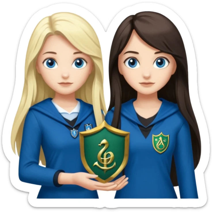 a pretty ravenclaw girl with long dark brown hair and blue eyes standing with a hot Slytherin girl with long blonde hair, blue eyes and big boobs  sticker