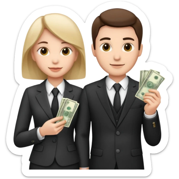 Una pareja (chico y chica de 28 años) vestidos con traje profesional y con dinero sticker