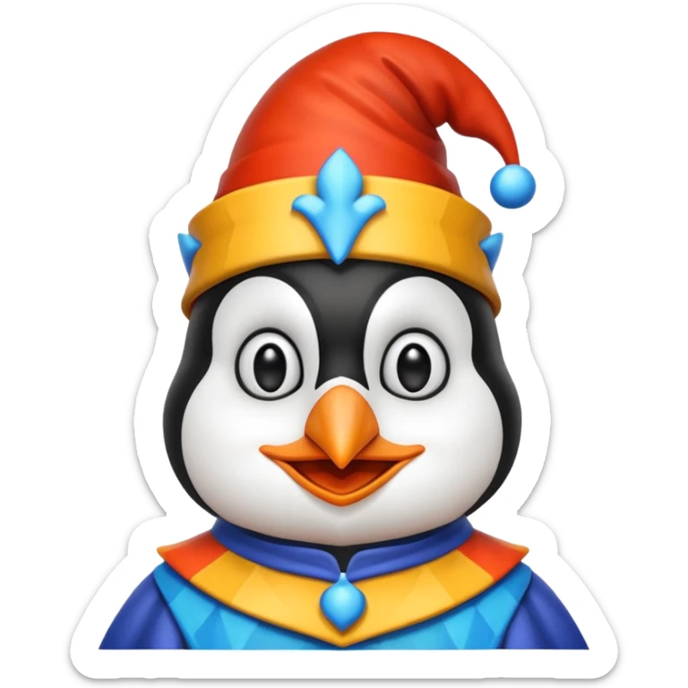 crazy colorful cute penguin jolly joker, medieval, vintage, court jester, mac os icon, blue color sticker