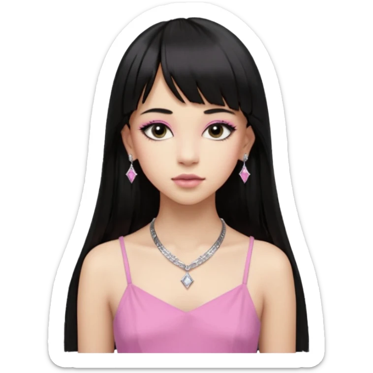 Cabelos pretos longos lisos ,com franja curvada .olhos pretos puxadinho para cima. Cílios longos curvados. Pele clara ,nariz pequeno ,lábios carnudos ,adolescente 16 anos ,vestido rosa de alça, colar pequeno prata ,brinco de diamante pequeno  sticker
