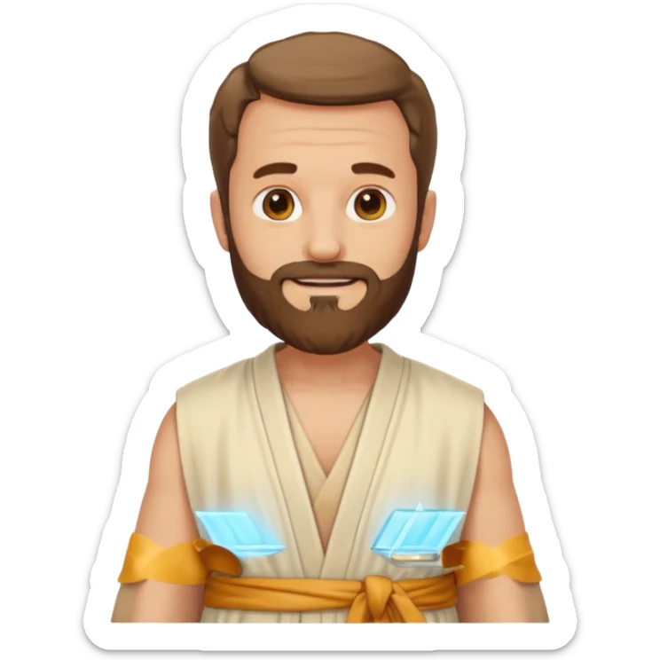 fullbody apostle Peter, classic emoji style, lighter colors, sleeveless shirt like in 'The Chosen', plain robes, detailed beard, standing, smiling sticker