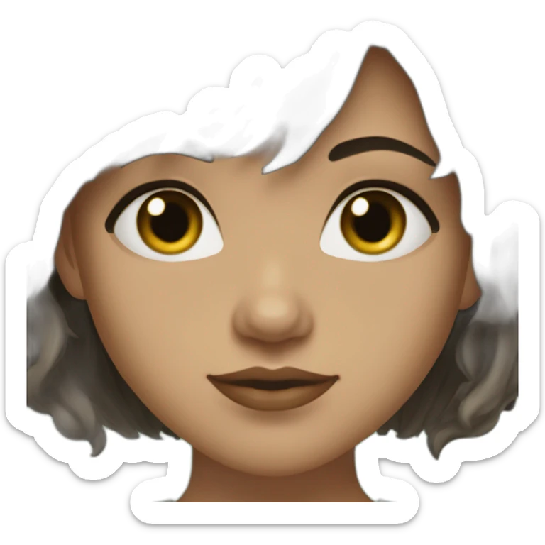 Young woman with light skin, long brown hair with bangs, dark green eyes, golden earrings sticker