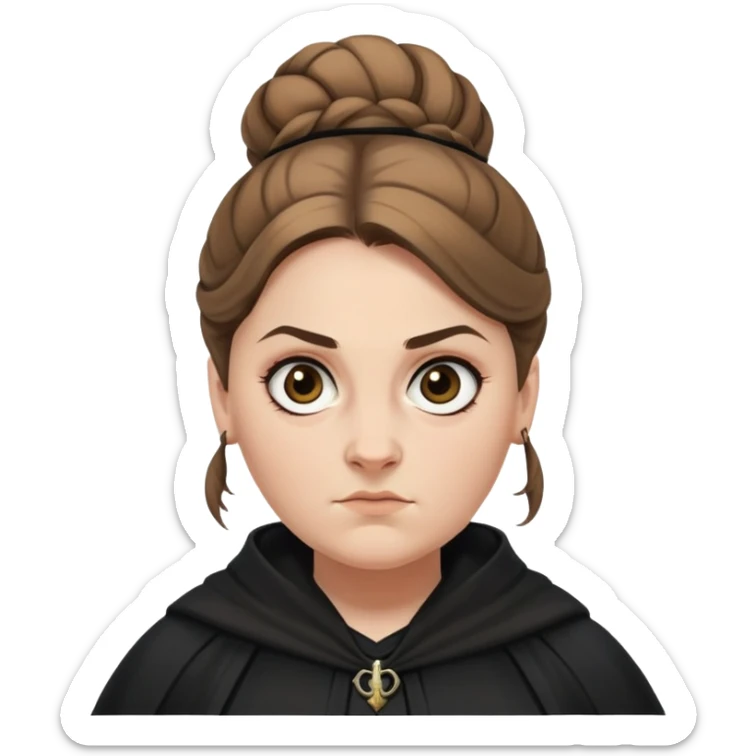 Alecto Carrow in harry potter, a white fat woman , one knot bun light brown hair, look evil, black cloak sticker