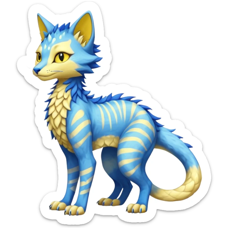 Kawaii yellow and blue beautiful pretty elegant divine edgy fantasy feline-vernid-sergal-fursona animal creature with a tufted tail full body with intricate markings  sticker