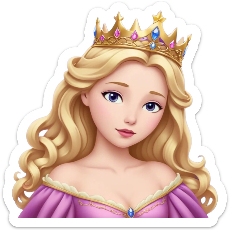Cinematic Realistic Sleeping Beauty (Aurora) Portrait, with porcelain-like skin featuring a natural rosy flush, illuminated by soft lighting that highlights the gentle contours of her face. Her golden blonde hair flows in soft, detailed waves with subtle highlights that shimmer in the light. Her deep violet-blue eyes radiate warmth and innocence, framed by arched brows and long lashes. Her serene expression exudes quiet elegance. She is dressed in her classic pink gown, the fabric rich in texture with delicate folds that catch the light. A golden crown rests atop her head, gleaming with royal refinement. The portrait captures a soft, glowing aura, blending realism with an ethereal sense of beauty and timeless enchantment. sticker