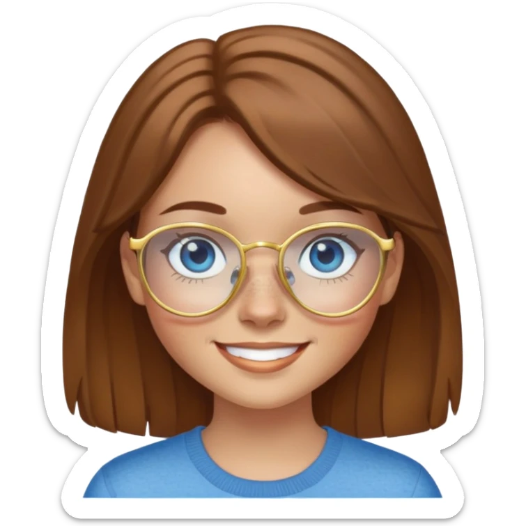 Girl with light skin, brown hair, blue eyes, freckles, and gold glasses smiling sticker