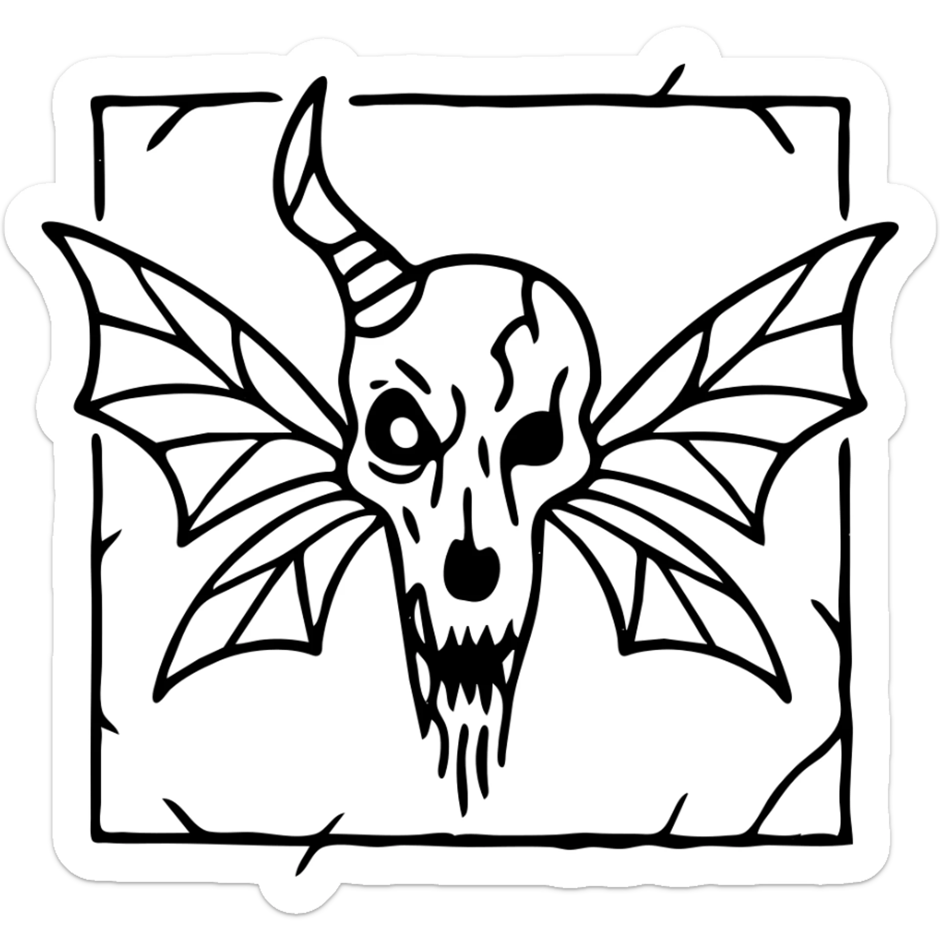 deeply disturbing minimal red horror line art of grotesque minotaur-stoat hybrid skull with aggressively fractured horn and demonic eye, unnatural twisted moth wings, mostly empty middle with nightmarish thin outline frame, intensely unsettling with sparse but horrifying details, frame jagged and broken in threatening manner, pure horror, 100% red sticker