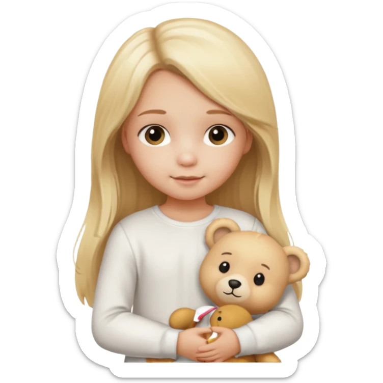 Blonde little girl, long hair, white long sleeve, with beige bear sticker