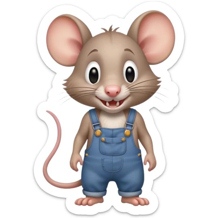 dizzy cartoon hillbilly rat wearing overalls no shirt. standing and talking full body. human eyes. teeth showing talking. telling story sticker