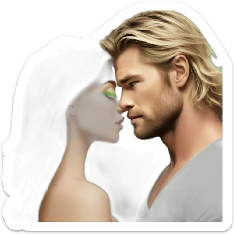 Chris hemsworth kiss blond woman with green eyes amd very very very long hair sticker