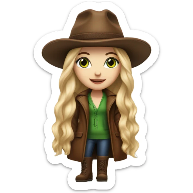 Realistic White girl with Long straight blonde hair, green eyes, tattoos, full body wearing Brown fur coat and fur hat and Brown leather boots sticker
