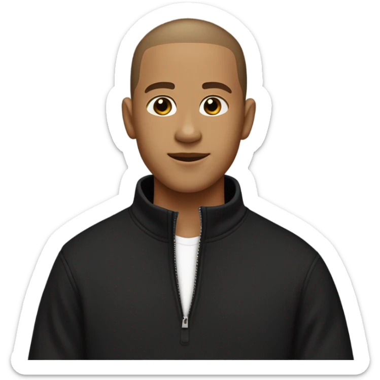 boy with very light brown skin, buzz cut, no facial hair, wearing a smart black quarter zip jumper with white t shirt underneath. sticker