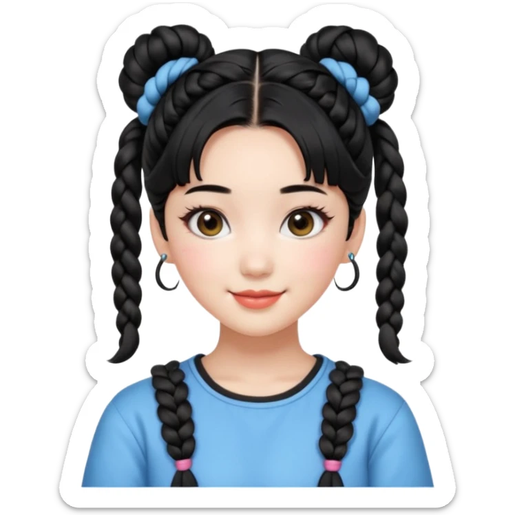 a beautiful girl face, wearing cute korean makeup, black hair, lower braided space buns with cute front bangs, kpop idol sticker