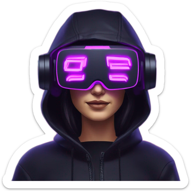 Cathie Wood wearing a black hoodie with "OMG" letters on it and VR headset in a cyberpunk VR environment with violet neon lighting. sticker