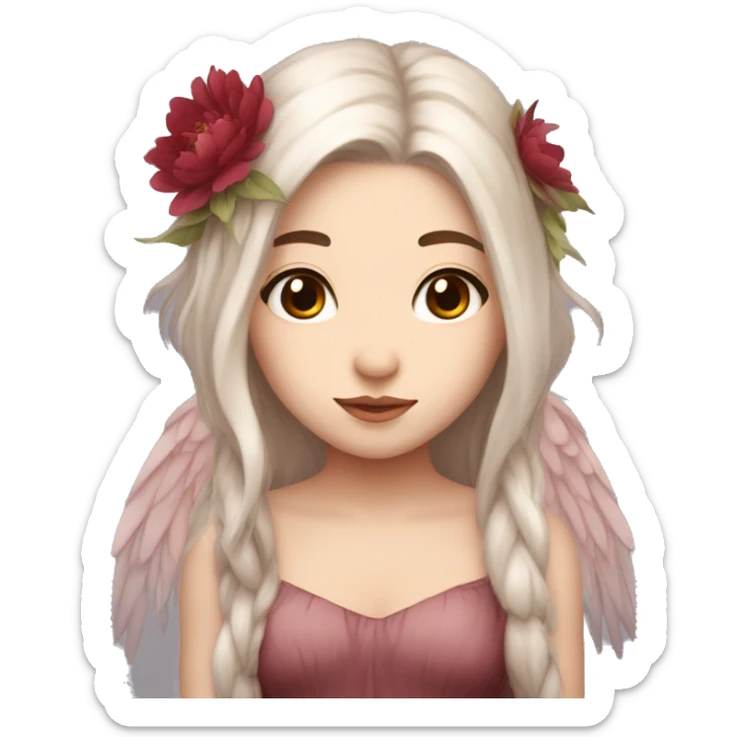 Beautiful, peony, fairy, light beige, long dark red hair, big wings, fair skin sticker