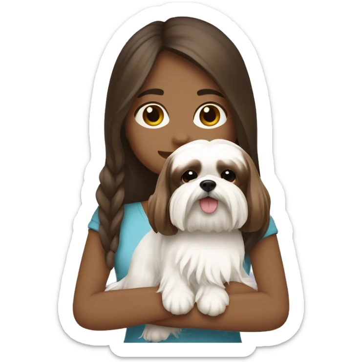 Girl with Brunette skin with brown long hair, hugging her white Shih tzu sticker