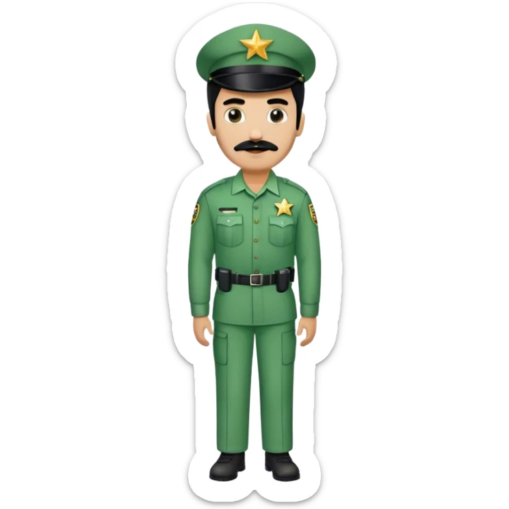 Chill guy in correctional officer green uniform. Full body. Black hair black mustache.  Light brown kin tone. Star badge  sticker