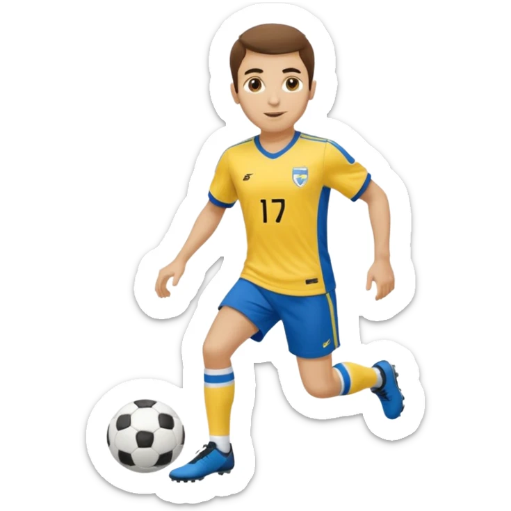 Persian soccer player in full soccer team kit with a yellow top, blue shorts and white socks, no soccer ball sticker