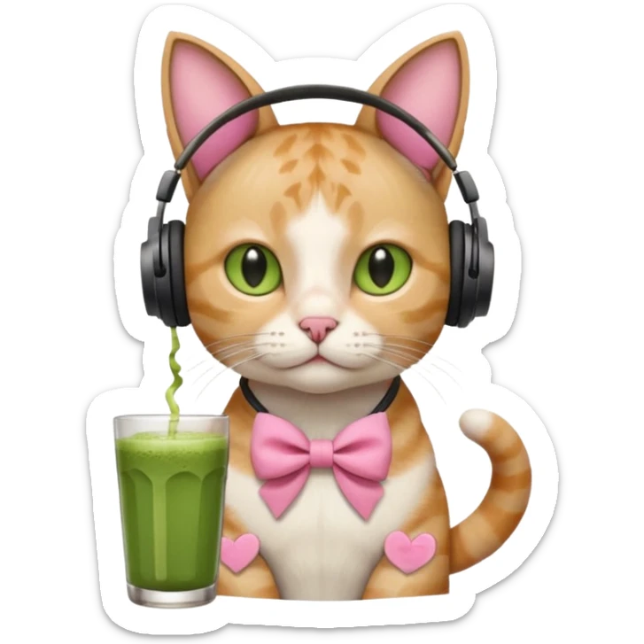 A cat wearing headphones with a glass of matcha, a pink bow on his ear sticker