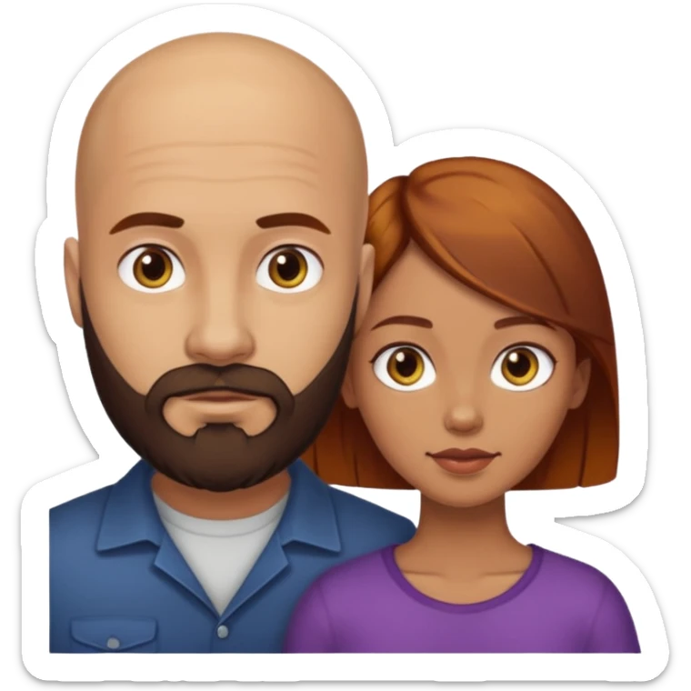 Couple. A bald man with dark brown beard and a girl with light skin. She has dark yellow brown auburn hair. Different skincolor. She has very light skin. sticker